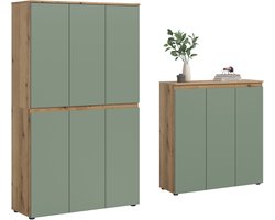 Universele kast in rookgroen en eiken - 22 schappen en kleiderstang - 175x175x37 cm