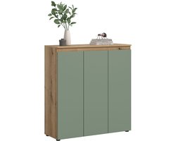 Universele Kast Smoke Green met Eiken Accenten - Compacte Opbergoplossing op Wieltjes - 105x111x37cm