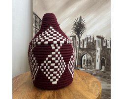 Unlimited Living - Mand - Marokko - Berber mand - Zeegras en wol - Handgemaakt - Decoratie - Bordeauxrood met wit