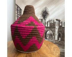 Unlimited Living - Mand - Marokko - Berber mand - Zeegras en wol - Handgemaakt - Decoratie - Bruin met Roze