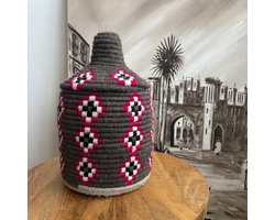 Unlimited Living - Mand - Marokko - Berber mand - Zeegras en wol - Handgemaakt - Decoratie - Grijs/Roze/Zwart/Wit