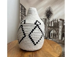 Unlimited Living - Mand - Marokko - Berber mand - Zeegras en wol - Handgemaakt - Decoratie - Wit/Zwart