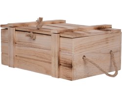 UNUS® Houten kist met deksel en twee handgrepen naturel gevlamd - 36x14,5x24cm - schatkist - speelgoedkist - deco houten krat