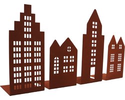 UNUS® Huizen decoratieve 4-delig metaal lichtjeshuis huizenrij huis silhouet roestkleur