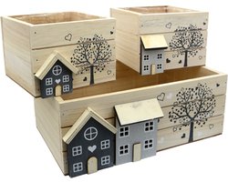 UNUS® Kisten houten whitewash beplantbaar klein 26x16x10cm set van 3