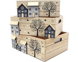 UNUS® Kisten houten whitewash boom en huis beplantbaar set van 3