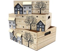 UNUS® Kisten houten whitewash boom en huis met handgrepen set van 3