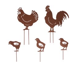 UNUS® Staander decoratieve kippenfamilie in roestlook set van 5 - tuinbeeld - voor buiten - roestige kip decoratie - tuin ornamenten silhouet - tuin hek decor - land tuin kunst