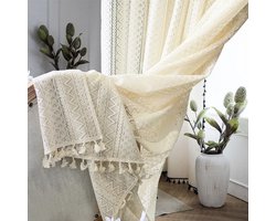 Unyqoos ® Chique Vintage Boho Gordijnen Set van 2 voor Woonkamer en Slaapkamer - Beige Transparant Kant Design