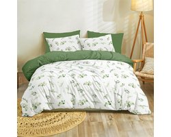 Unyqoos® Comfortabele beddengoedset van microvezel met botanisch design in saliegroen