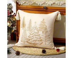 Unyqoos® Decoratieve kerstkussenhoes met borduurwerk en kwastjes voor sfeervol interieur