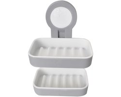 Unyqoos® Dubbele grijze zeepbak met zuignap en afvoersysteem voor badkamer en keuken