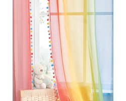 Unyqoos ® Gordijnen met Kleurverloop en Pompons voor Kinderkamer en Woonruimte, Linnenlook, Transparant, 245 x 140 cm
