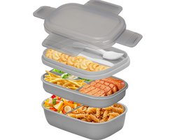 Unyqoos® Grijze lekvrije lunchbox met bestek en drie lagen voor dagelijks gebruik