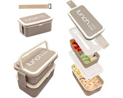 Unyqoos® Grijze tweelaagse lunchbox met vakken en bestek voor werk en school