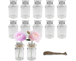 Unyqoos® Set van 12 decoratieve mini-vazen van glas met jute koord voor tafelsetting