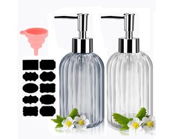 Unyqoos® Set van twee glazen zeeppompjes met roestvrijstalen pomp voor keuken en badkamer