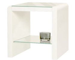 Unyqoos® Stijlvolle witte bijzettafel met glazen planken en afgeronde randen