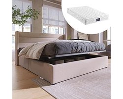 Upholstered bed 140x200 with mattress and bed box - Double bed with slatted frame, metal storage bed, beige linen