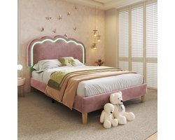 Upholstered children's bed 90 x 190 cm, bed frame with LED Kopfteil headboard and slatted base, teenage girl's bed inLinnen materiaal, guest bed (colour: rose)