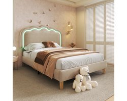 Upholstered children's bed 90 x 200 cm, bed frame with LED Kopfteil headboard and slatted base, teenage girl's bed inLinnen materiaal, guest bed (colour: beige)