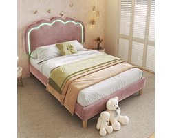 Upholstered children's bed 90 x 200 cm, bed frame with LED Kopfteil headboard and slatted base, teenage girl's bed inLinnen materiaal, guest bed (colour: rose)