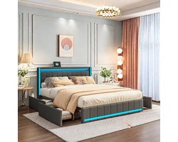 Upholstered Double Bed 140 x 200 cm with LED Lights and USB Ports - Stylish Bed with Storage Drawers