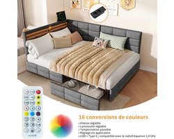 Upholstered sofa bed, 140x190 cm, with LED light and USB port, storage bed frame, two drawers, double bed, youth bed, linen fabric,grijs