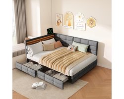 Upholstered sofa bed, 140x200 cm, with LED light and USB port, storage bed frame, two drawers, double bed, youth bed, linen fabric, grijs
