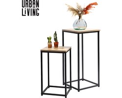 Urban Living Bijzettafel - plantenstandaard set - 2-delig - zwart/bruin - metaal/hout - D30 x H54 cm en D34 x H74 cm