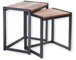 Urban Living Bijzettafels/plantenstandaard - 2-delig - zwart - metaal/hout - L44 x B30 x H45 en L38 x B30 x H40 cm