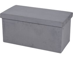 Urban Living Hocker bankje - poef dubbel zits - opbergbox - lichtgrijs - velours look - 76 x 38 x 38 cm - opvouwbaar