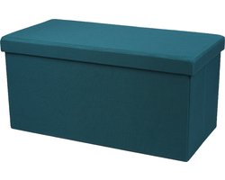 Urban Living Hocker bankje - poef dubbel zits - opbergbox - zeeblauw - polyester/mdf - 76 x 38 x 38 cm - opvouwbaar