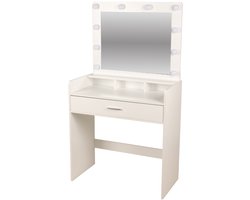 Urban Living Make-up tafel/Kaptafel Livy - hout - wit - 80 x 40 x 143 cm - met 10 lampjes