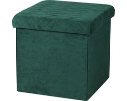 Urban Living Poef - hocker - opbergbox zit krukje - velvet donkergroen - polyester/mdf - 38 x 38 cm - opvouwbaar