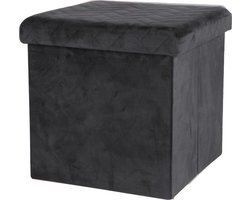 Urban Living Poef - hocker - opbergbox zit krukje - velvet zwart - polyester/mdf - 38 x 38 cm - opvouwbaar