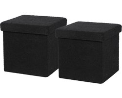 Urban Living Poef Square BOX - 2x - hocker - opbergbox - zwart - polyester/mdf - 38 x 38 cm - opvouwbaar