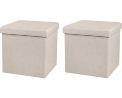 Urban Living Poef/hocker - 2x - opbergbox zit krukje - beige - linnen/mdf - 37 x 37 cm - opvouwbaar
