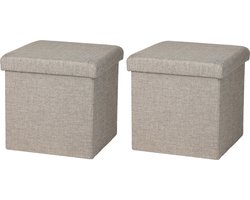 Urban Living Poef/hocker - 2x - opbergbox zit krukje - beige - polyester/mdf - 38 x 38 cm - opvouwbaar