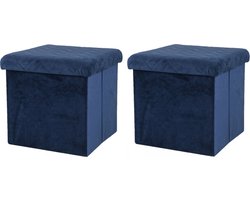 Urban Living Poef/hocker - 2x - opbergbox zit krukje - velvet donkerblauw - polyester/mdf - 38 x 38 cm - opvouwbaar