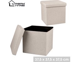 Urban Living Poef/hocker - opbergbox zit krukje - beige - linnen/mdf - 37 x 37 cm - opvouwbaar