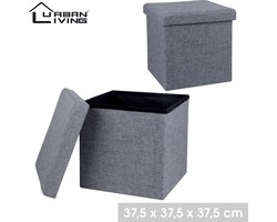 Urban Living Poef/hocker - opbergbox zit krukje - grijs - linnen/mdf - 37 x 37 cm - opvouwbaar