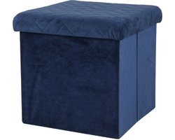 Urban Living Poef/hocker - opbergbox zit krukje - velvet donkerblauw - polyester/mdf - 38 x 38 cm - opvouwbaar