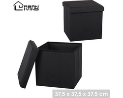 Urban Living Poef/hocker - opbergbox zit krukje - zwart - linnen/mdf - 37 x 37 cm - opvouwbaar