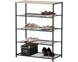 Urban Living Schoenenrek - metaal/hout - 4-laags - 63 x 30 x 83 cm - schoenen opbergen - zwart - kastje voor 12 paar
