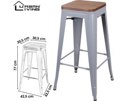 Urban Living - Set van 4 Barkrukken met Metalen Frame en Houten Zitting Matgrijs - Industrieel Design