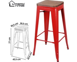 Urban Living - Set van 4 Barkrukken met Metalen Frame en Houten Zitting Rood - Industrieel Design Barkruk