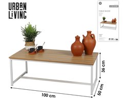 Urban Living - Witte Metalen Salontafel met Houten Blad - Strak Industrieel Design - Rechthoek - 100x50x36cm