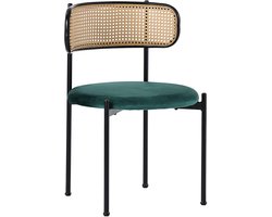 Urban Loft - Serie Metro - 5-Delig Eetkamer Set (Tafel + 4 Stoelen) - Fluwelen Zitting & Rotan Rugleuning - Industrieel Design & Dik Blad