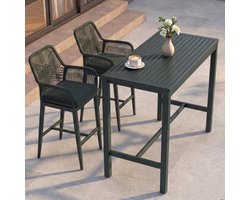 Urban Rope Luxe 3-Delige Outdoor Barset met 2 Barkrukken – 130 x 65 x 105 cm – Groen Metaal & Rope Wicker Design – Tuin- en Terras Bartafelset met Kussens en Armleuningen